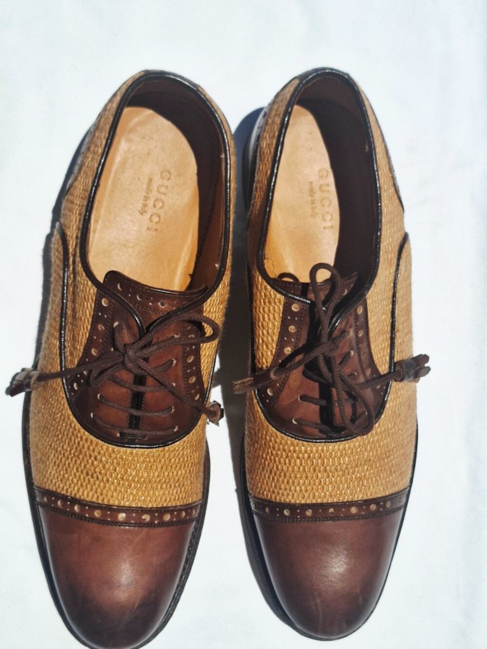 Rare Vintage Gucci×Goodyear Raffia Brown Leather Oxford Shoes Women's 37.5